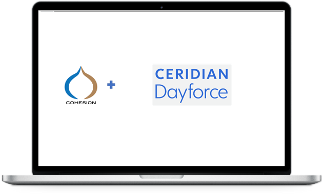 Laptop showing Cohesion's Ceridian Dayforce integration dashboard for restaurants