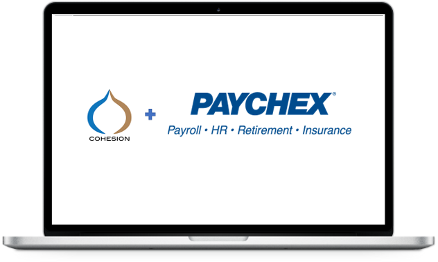 Laptop showing Cohesion's PAYCHEX Flex integration dashboard for restaurants